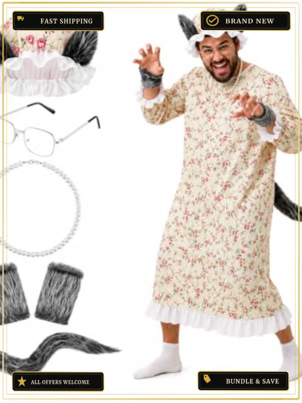 Wolf Grandma Costume Set Floral Nightgown Bonnet Faux Fur Tail Adult XL
